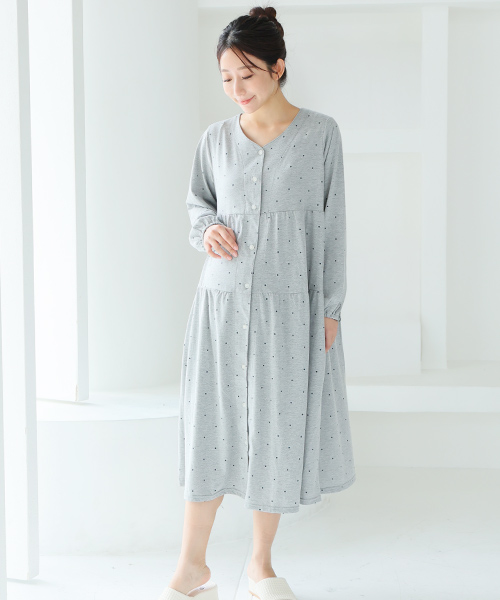 【Web限定】長袖ドット柄ティアードマタニティワンピース | マタニティウェア・授乳服