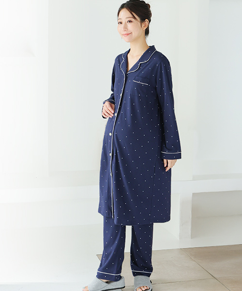 長袖ドット柄ロング丈マタニティパジャマ 200-8721W