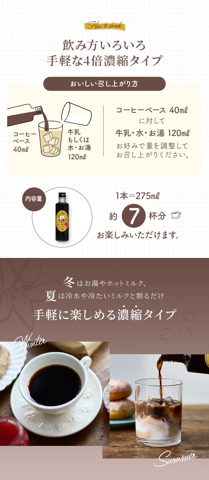 飲み方 カフェオレベース ミルク お湯 水 ホットミルク 割る 濃縮 内容量 冬 夏