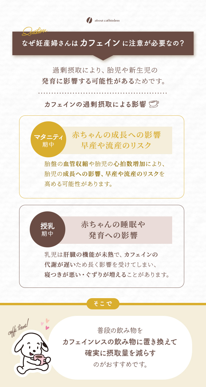 妊婦 カフェイン 影響 過剰摂取 発育 カフェインレス 飲み物 置き換え