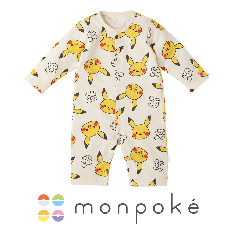 モンポケ ピカチュウ総柄プリントロンパース